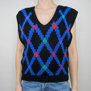 Vintage 70s Black Colorful Geometric Knit Sweater Vest